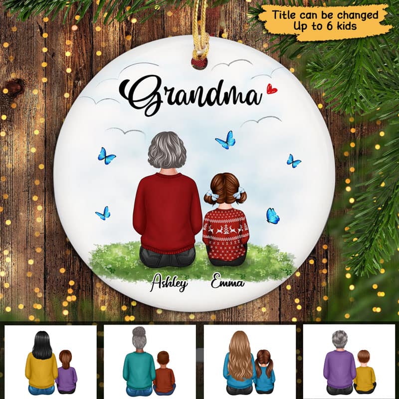 Grandma Grankids Back View On Grass Personalized Circle Ornament