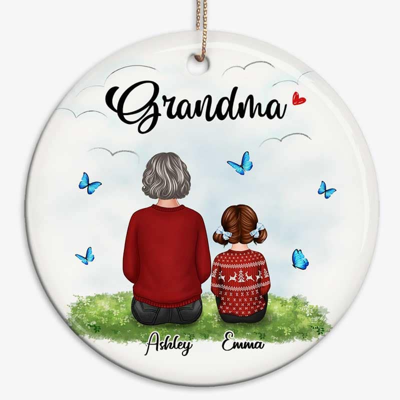 Grandma Grankids Back View On Grass Personalized Circle Ornament - Image 2
