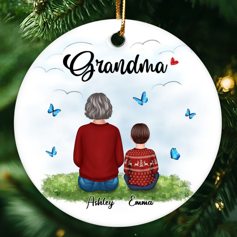 Grandma Grankids Back View On Grass Personalized Circle Ornament - Image 4