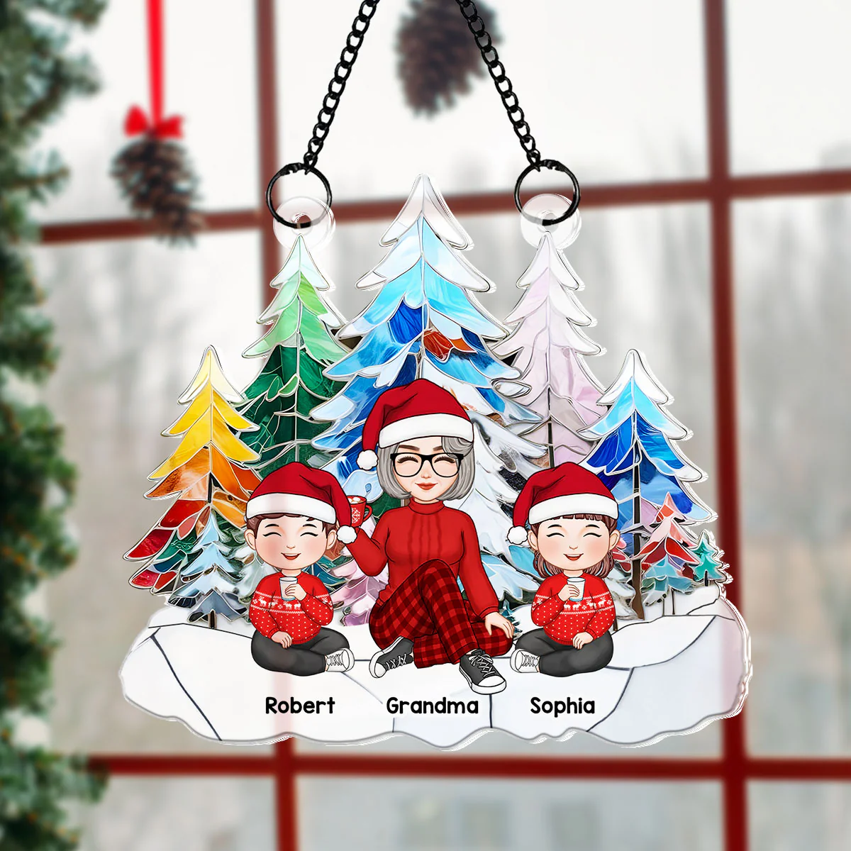 Grandma Grandkids Colorful Christmas Tree Stained Glass Personalized Suncatcher - Image 2
