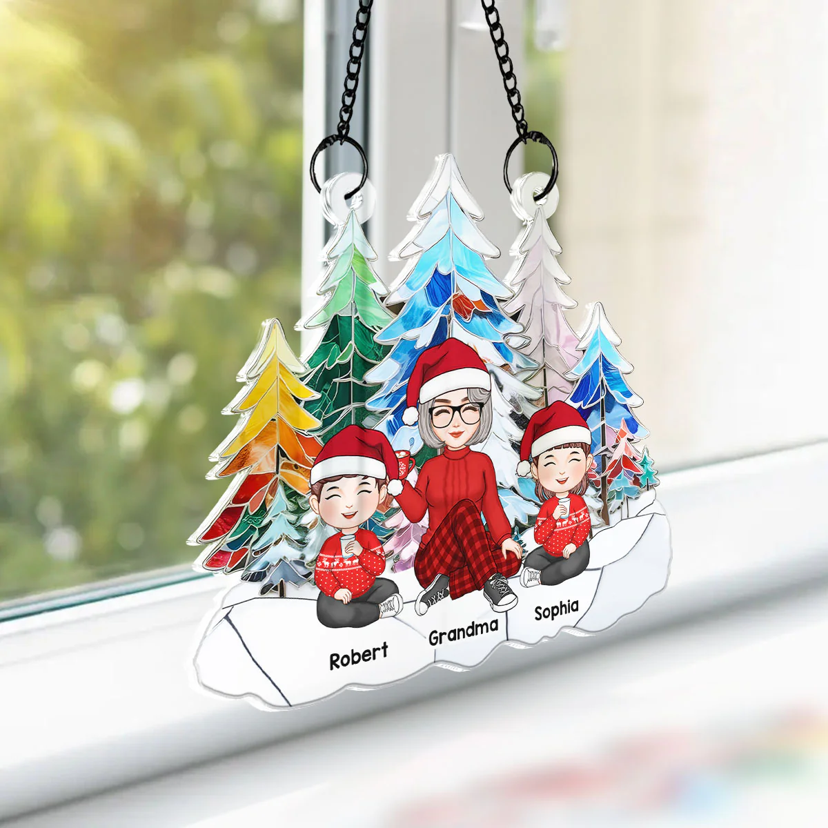Grandma Grandkids Colorful Christmas Tree Stained Glass Personalized Suncatcher - Image 6