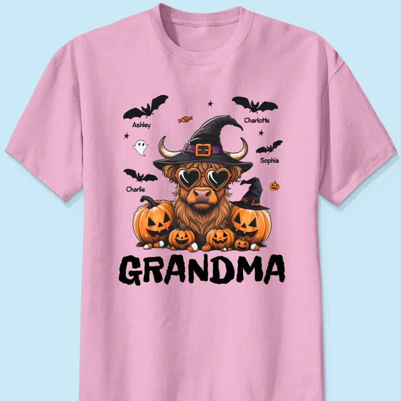 Grandma Halloween Highland Cow & Bats Kids Personalized Shirt, Gift For Grandma - Image 9