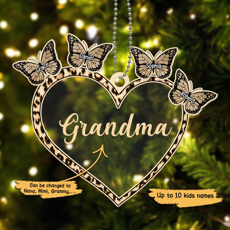 Grandma Heart Butterflies Grandkids Personalized Christmas Acrylic Ornament - Image 2