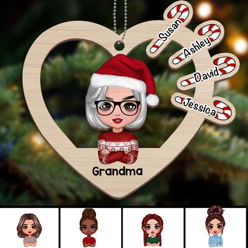Grandma Heart Candy Canes Personalized Wooden Ornament - Image 2