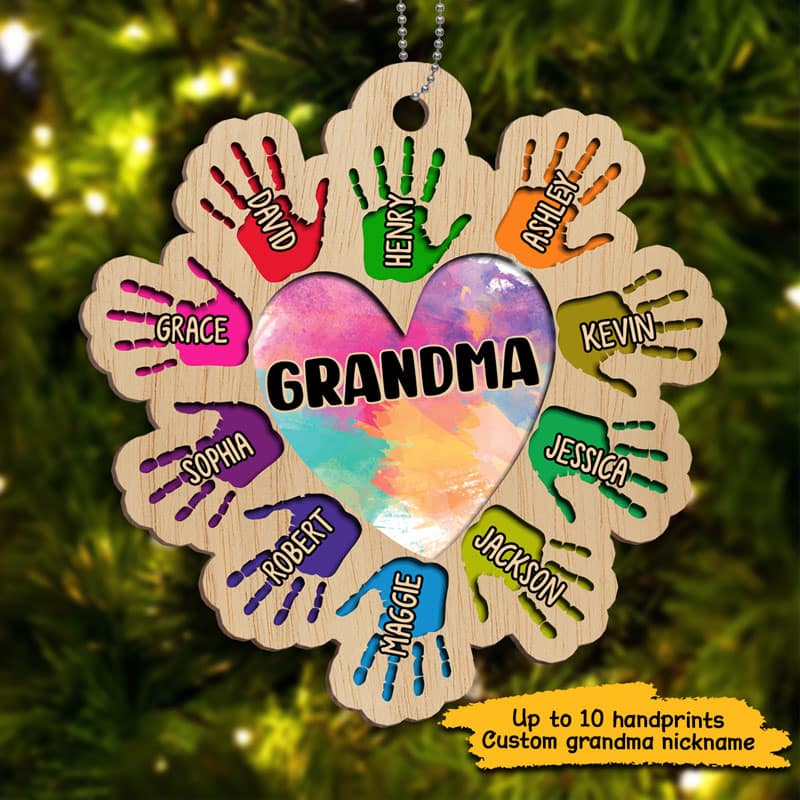 Grandma Heart Handprint Personalized Wooden Ornament - Image 3