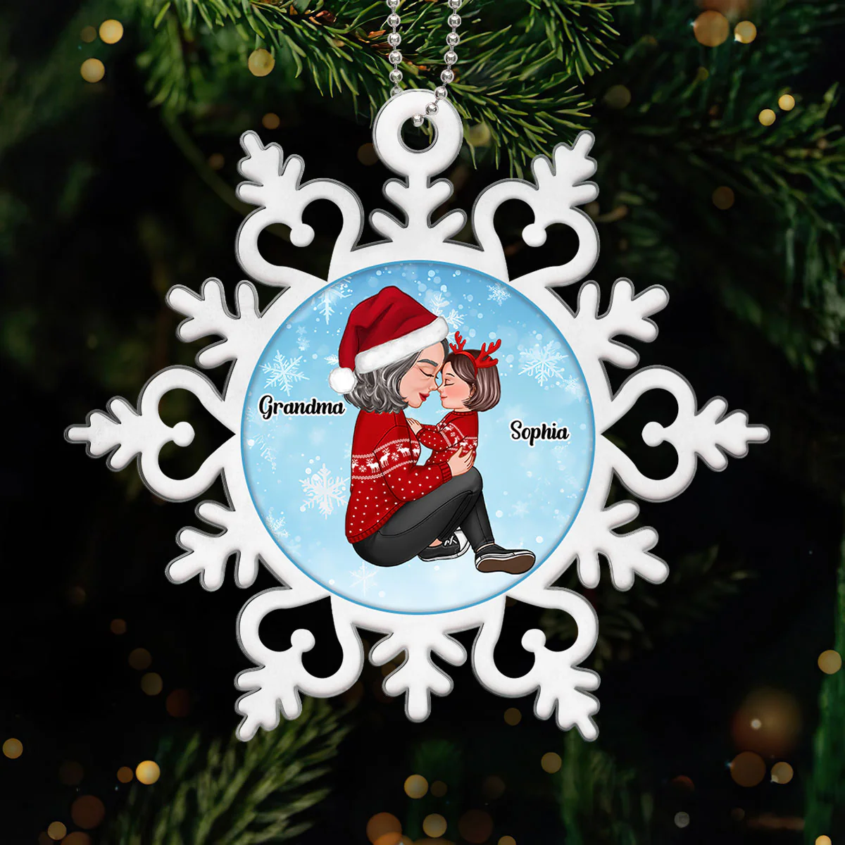 Grandma Holding Grandson Granddaughter In Snowflake Personalized Acrylic Ornament