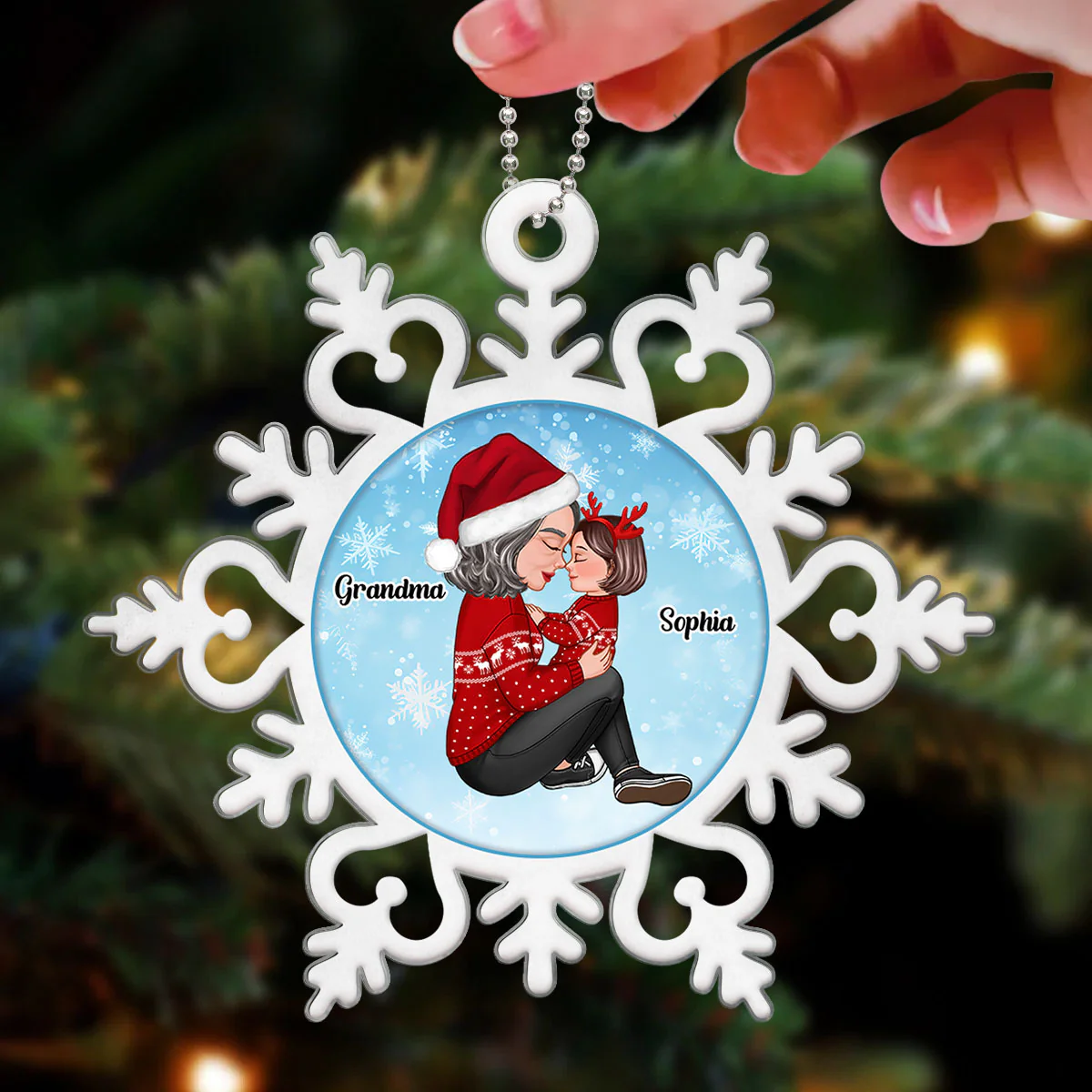 Grandma Holding Grandson Granddaughter In Snowflake Personalized Acrylic Ornament - Image 3