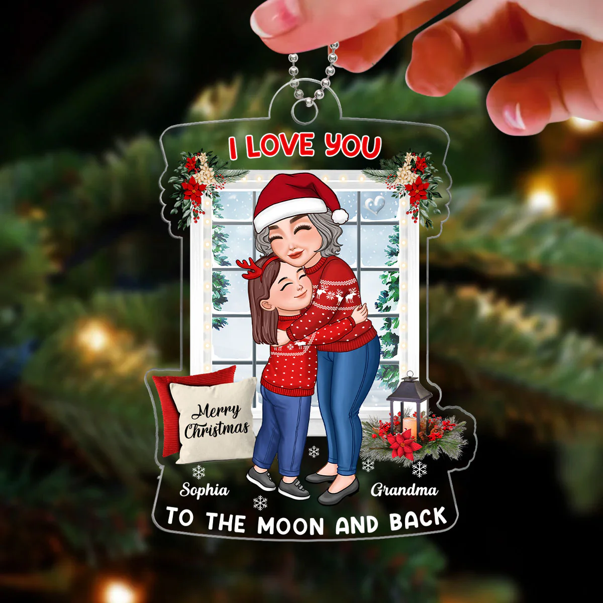 Grandma Hugging Grandkid By Christmas Window Personalized Acrylic Ornament - Image 3