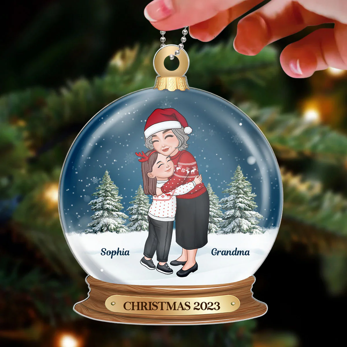 Grandma Hugging Grandkid In Snow Globe Personalized Acrylic Ornament - Image 3