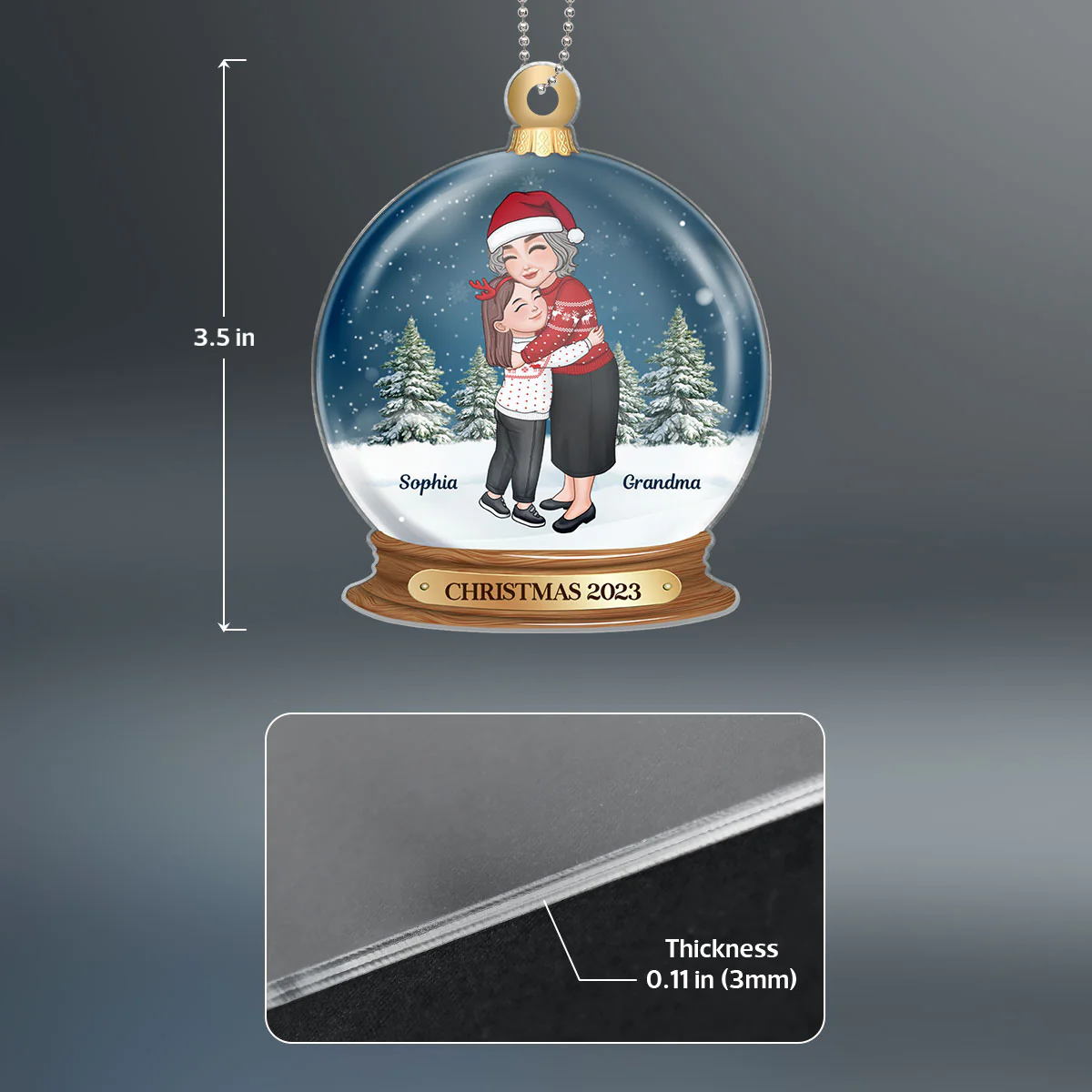 Grandma Hugging Grandkid In Snow Globe Personalized Acrylic Ornament - Image 4