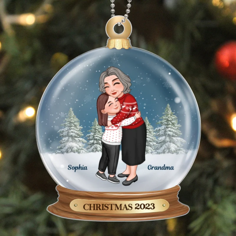 Grandma Hugging Grandkid In Snow Globe Personalized Acrylic Ornament - Image 5