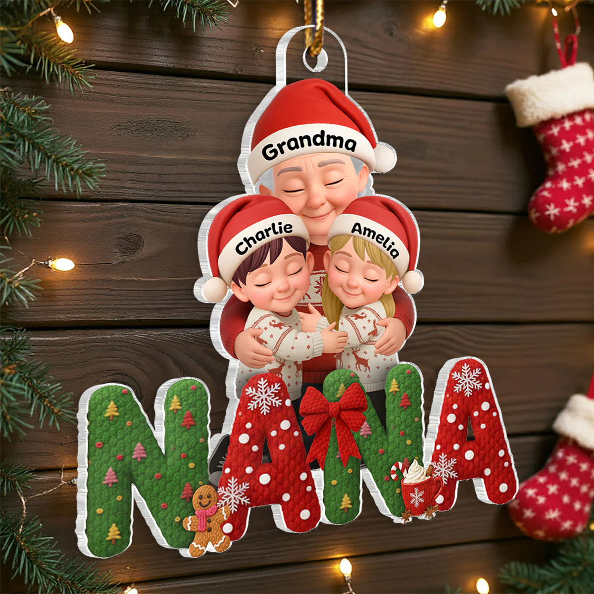 Grandma Hugging Grandkid Latch Hook Yarn Faux - Personalized Acrylic Ornament - Heartfelt Christmas Gift for Grandma, Grandkids - Image 5