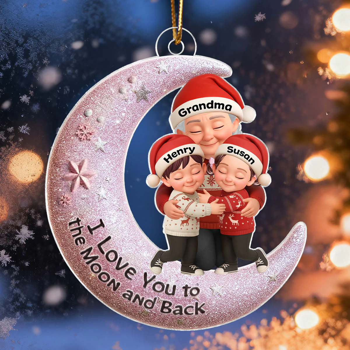 Grandma Hugging Grandkid on Moon - Personalized Acrylic Ornament - Christmas Gift for Grandma, Grandkids - Image 3