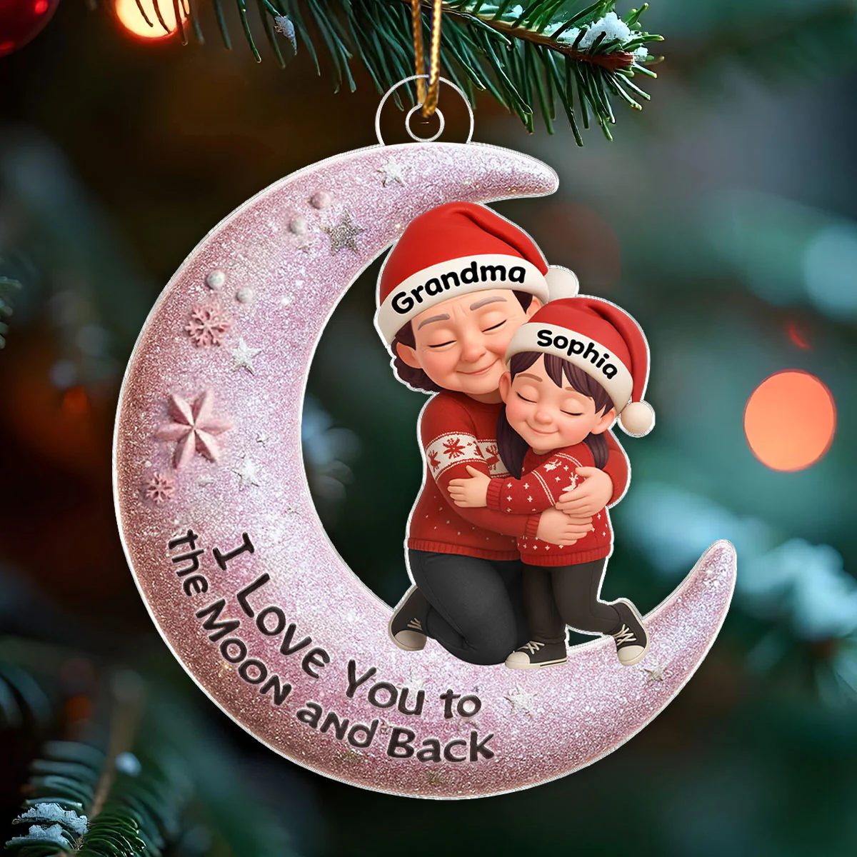 Grandma Hugging Grandkid on Moon - Personalized Acrylic Ornament - Christmas Gift for Grandma, Grandkids - Image 4