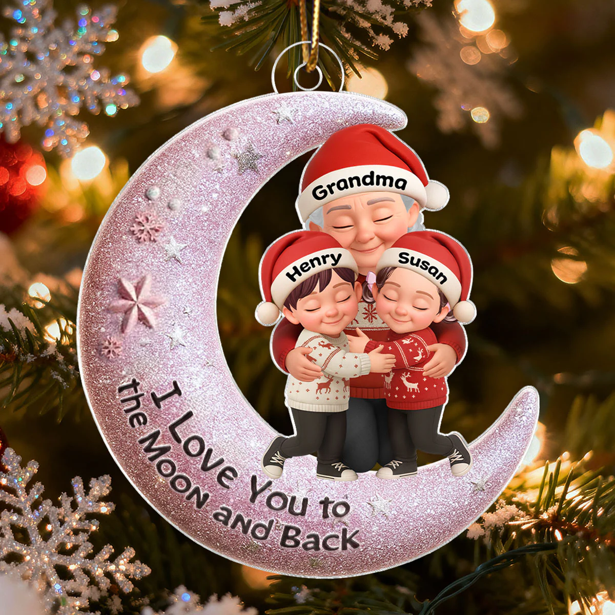 Grandma Hugging Grandkid on Moon - Personalized Acrylic Ornament - Christmas Gift for Grandma, Grandkids - Image 5