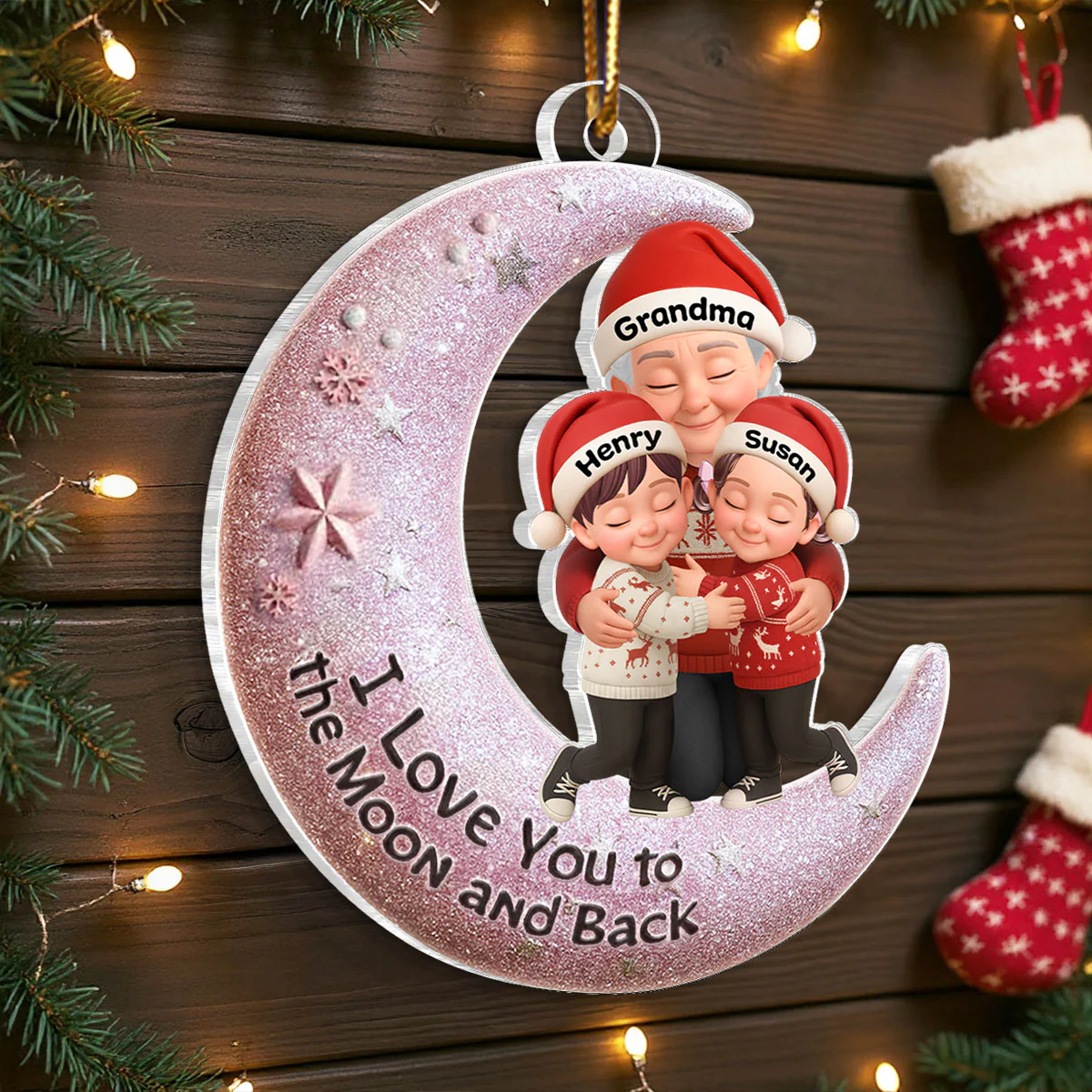 Grandma Hugging Grandkid on Moon - Personalized Acrylic Ornament - Christmas Gift for Grandma, Grandkids - Image 6
