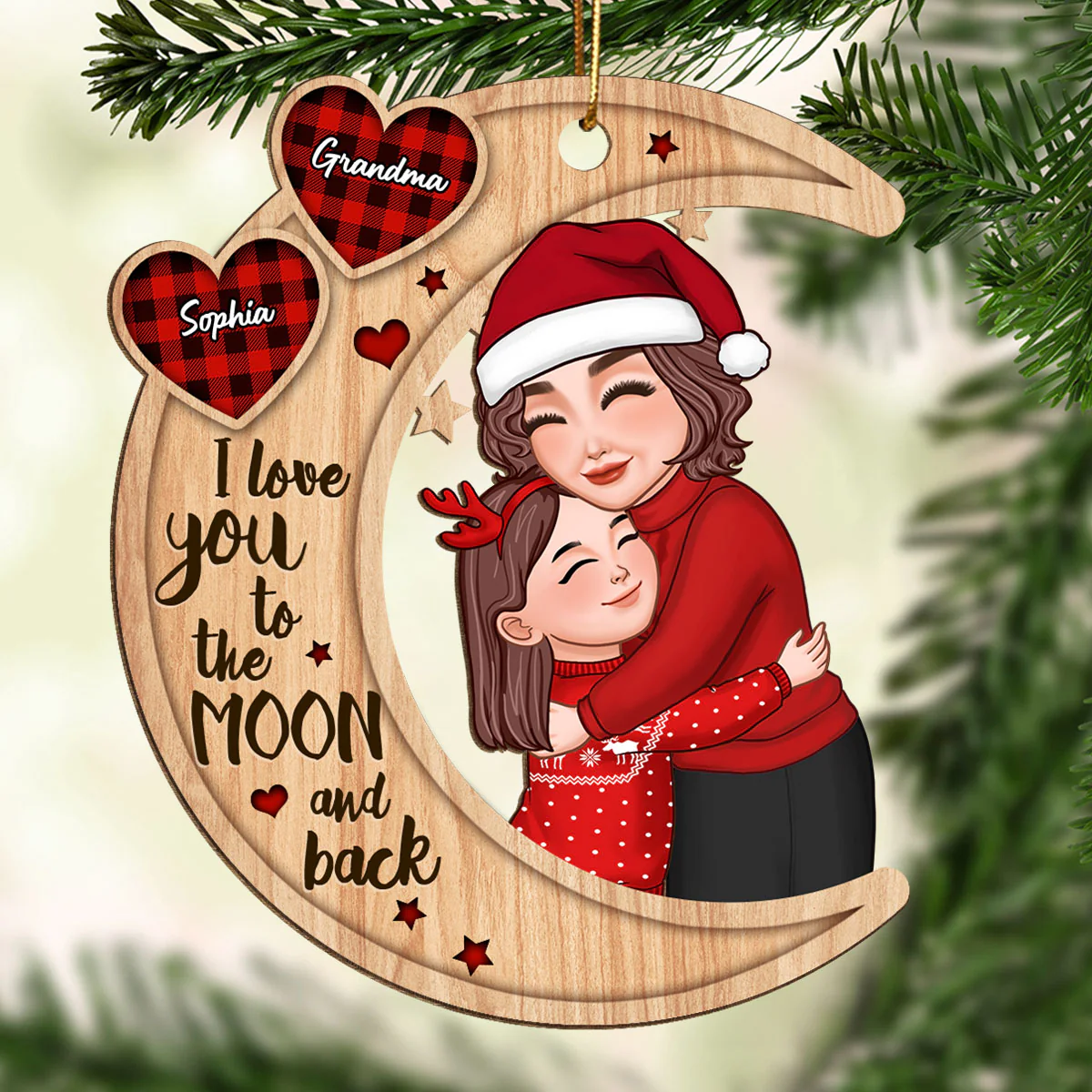 Grandma Hugging Grandkid Pattern Hearts Christmas Gift For Granddaughter Grandson Personalized Wooden Ornament - Image 2