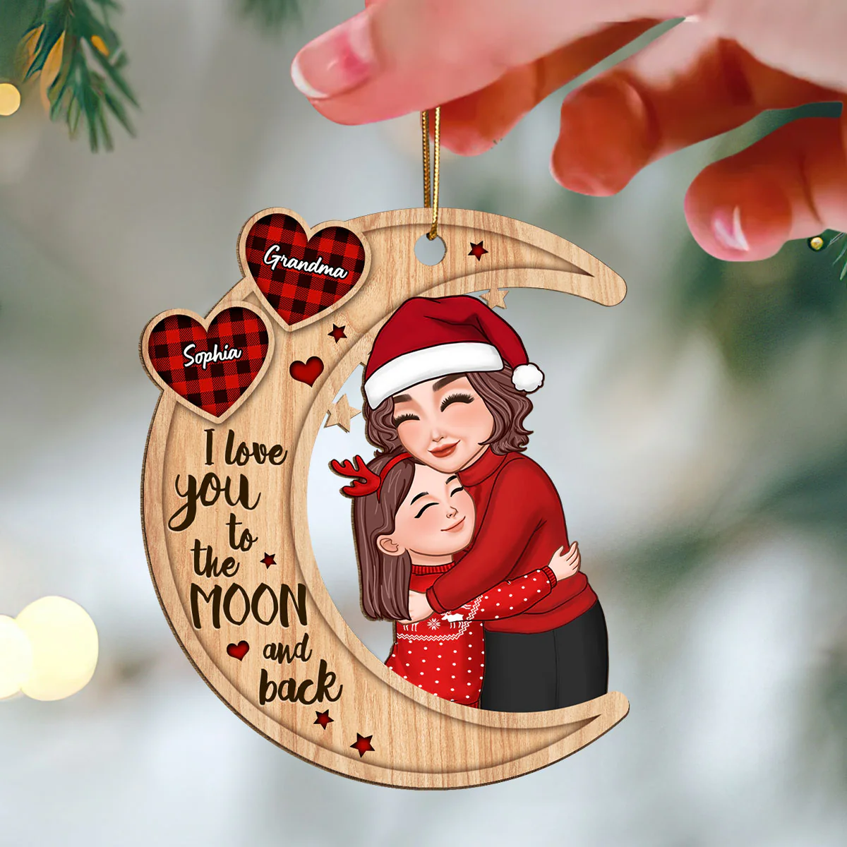 Grandma Hugging Grandkid Pattern Hearts Christmas Gift For Granddaughter Grandson Personalized Wooden Ornament - Image 3