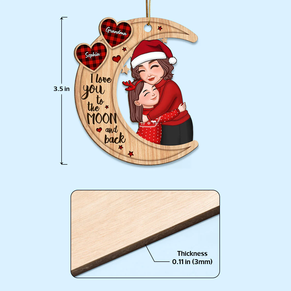 Grandma Hugging Grandkid Pattern Hearts Christmas Gift For Granddaughter Grandson Personalized Wooden Ornament - Image 4