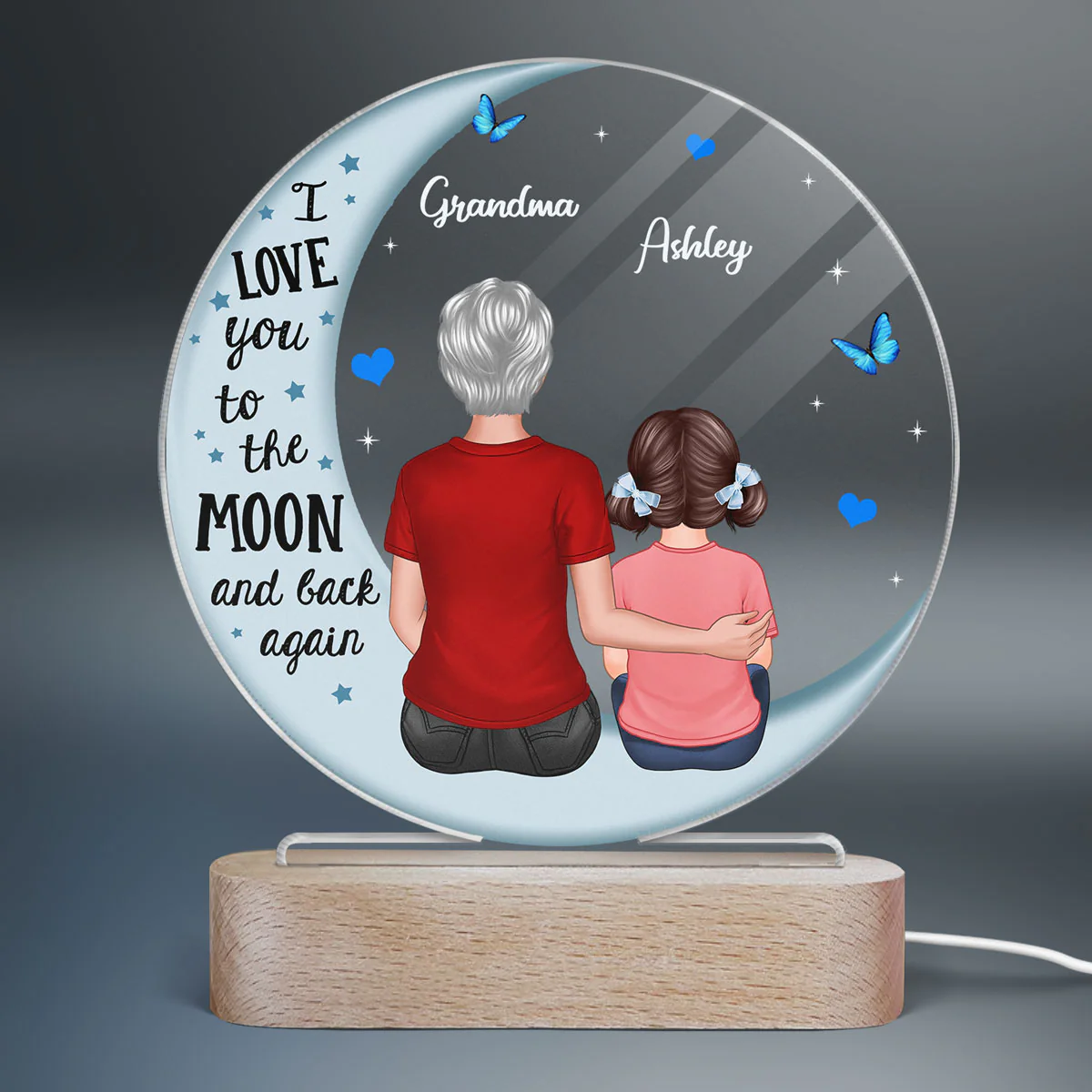 Grandma Hugging Grandkids Blue Moon Personalized Circle Acrylic LED Lamp Night Light - Image 2