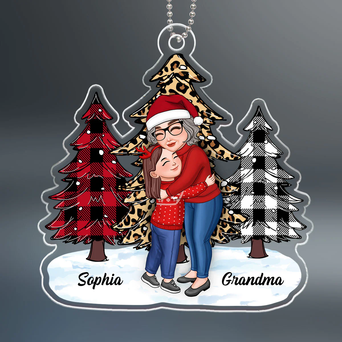 Grandma Hugging Grandkids Christmas Checkered Leopard Christmas Tree Gift For Grandkids Personalized Acrylic Ornament - Image 2