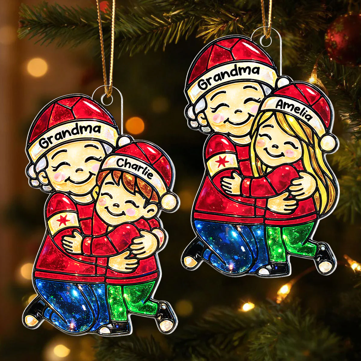 Grandma Hugging Grandkids Stained Glass Pattern - Personalized Acrylic Ornament - Heartwarming Christmas Gift For Grandma, Granddaughter, Grandson