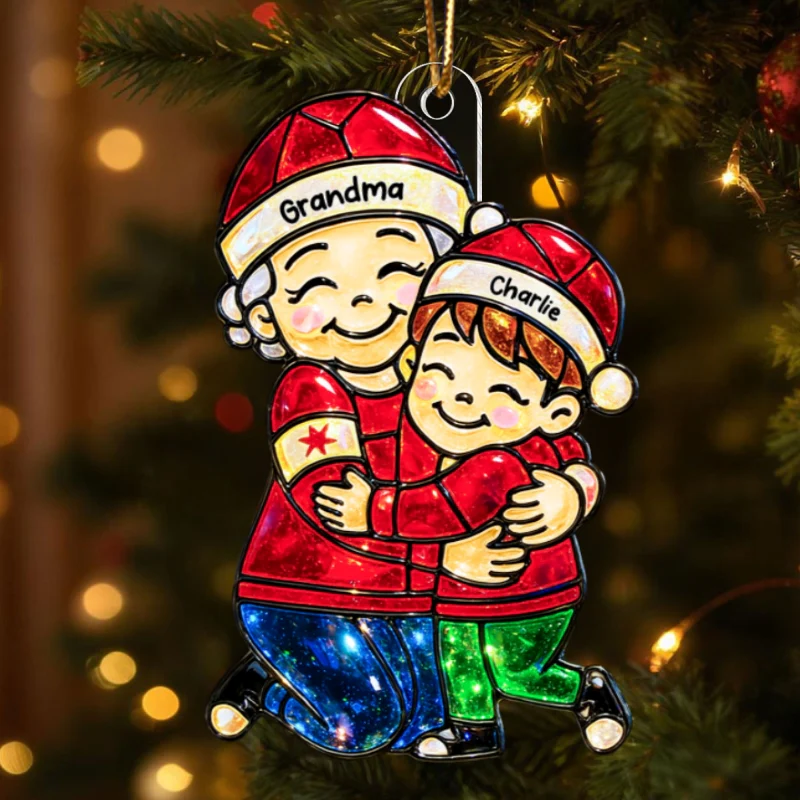 Grandma Hugging Grandkids Stained Glass Pattern - Personalized Acrylic Ornament - Heartwarming Christmas Gift For Grandma, Granddaughter, Grandson - Image 10