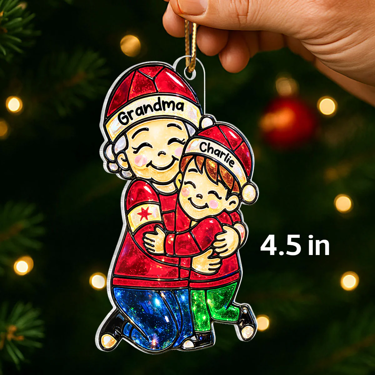 Grandma Hugging Grandkids Stained Glass Pattern - Personalized Acrylic Ornament - Heartwarming Christmas Gift For Grandma, Granddaughter, Grandson - Image 2