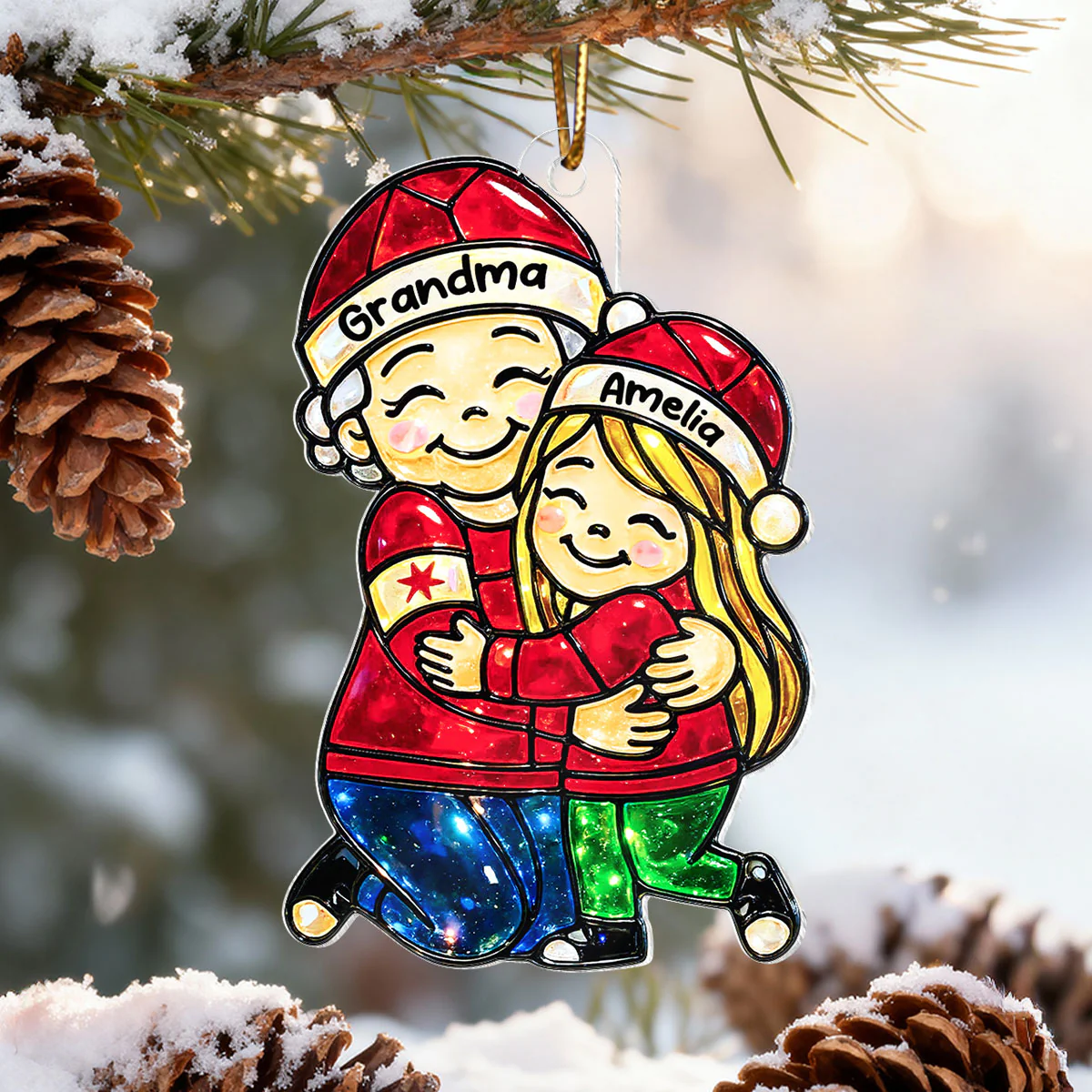 Grandma Hugging Grandkids Stained Glass Pattern - Personalized Acrylic Ornament - Heartwarming Christmas Gift For Grandma, Granddaughter, Grandson - Image 3