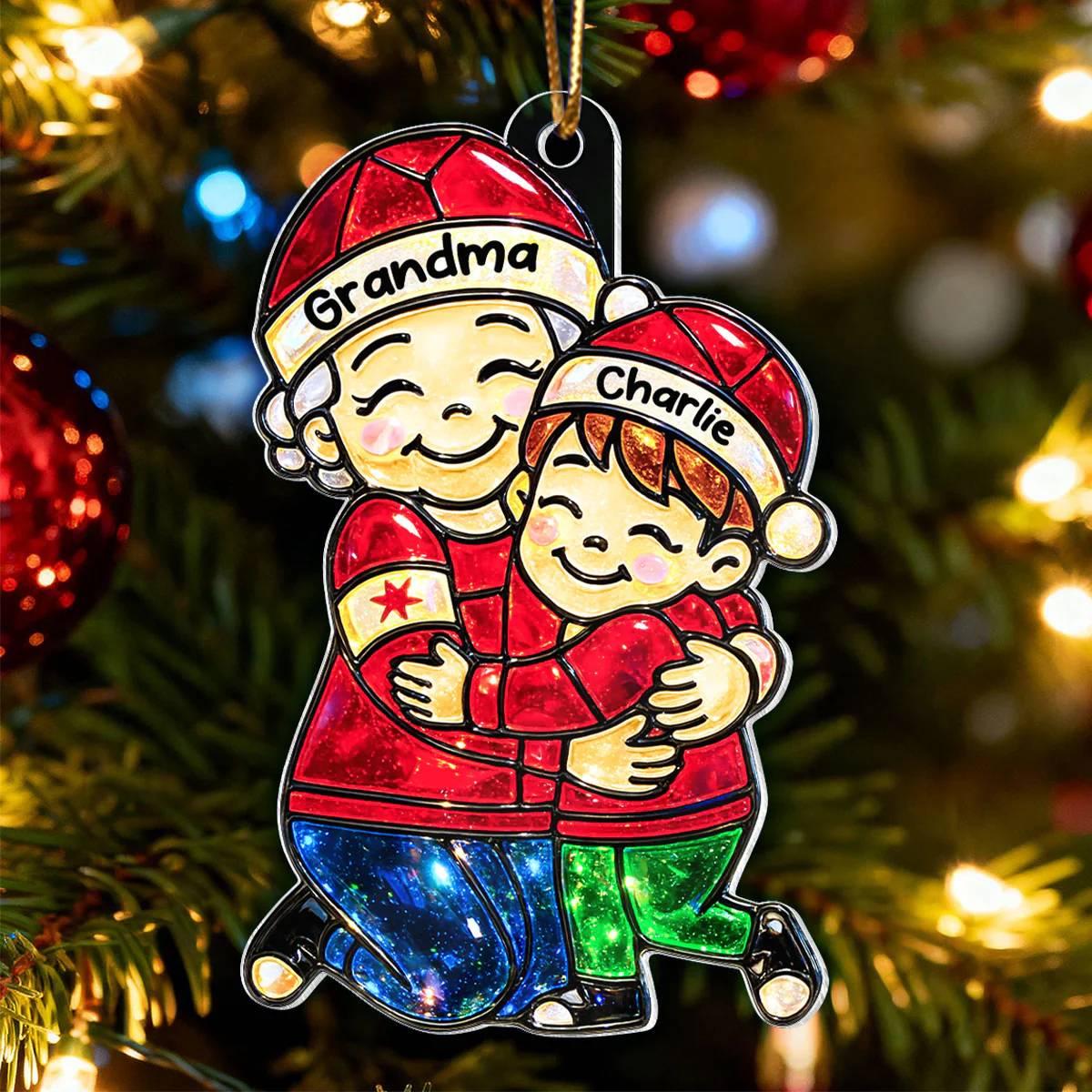 Grandma Hugging Grandkids Stained Glass Pattern - Personalized Acrylic Ornament - Heartwarming Christmas Gift For Grandma, Granddaughter, Grandson - Image 4