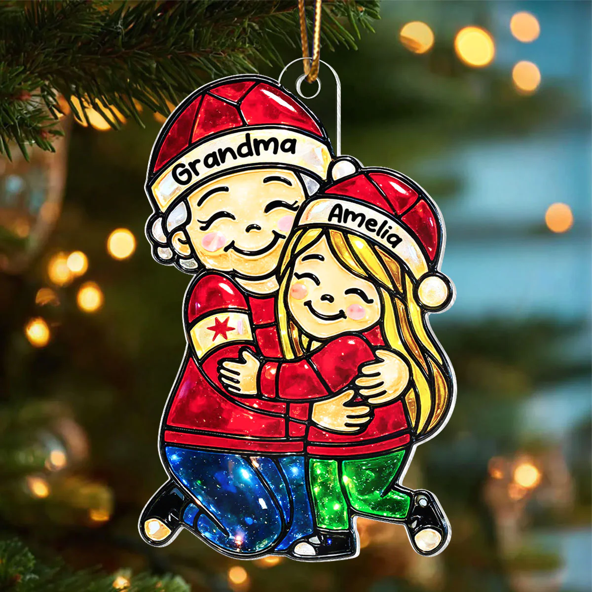 Grandma Hugging Grandkids Stained Glass Pattern - Personalized Acrylic Ornament - Heartwarming Christmas Gift For Grandma, Granddaughter, Grandson - Image 5
