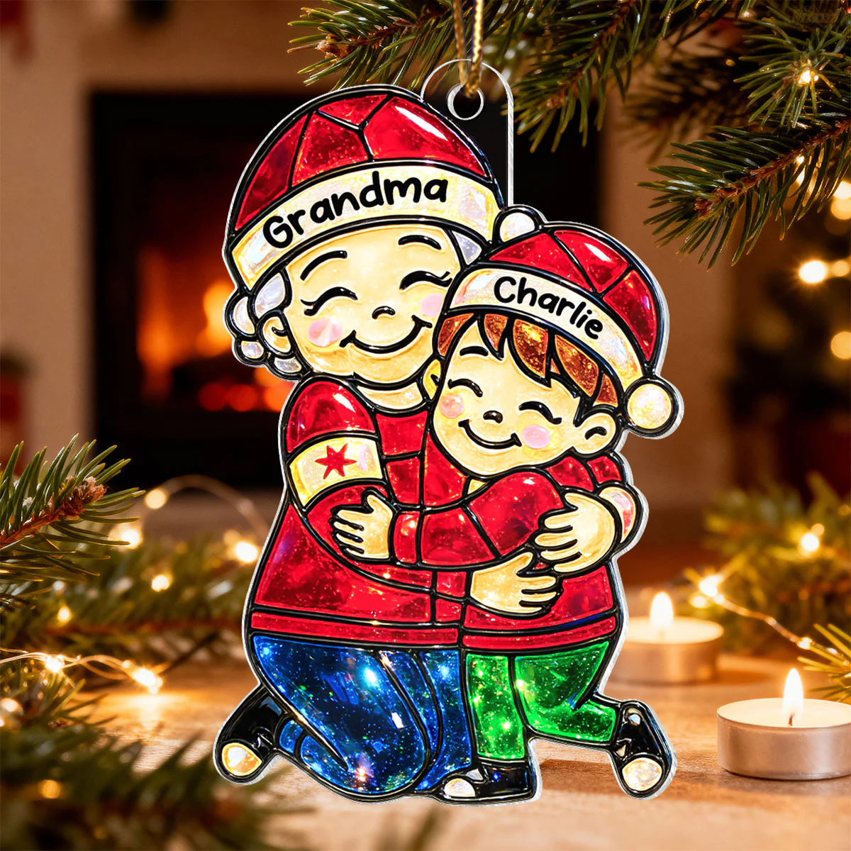 Grandma Hugging Grandkids Stained Glass Pattern - Personalized Acrylic Ornament - Heartwarming Christmas Gift For Grandma, Granddaughter, Grandson - Image 6