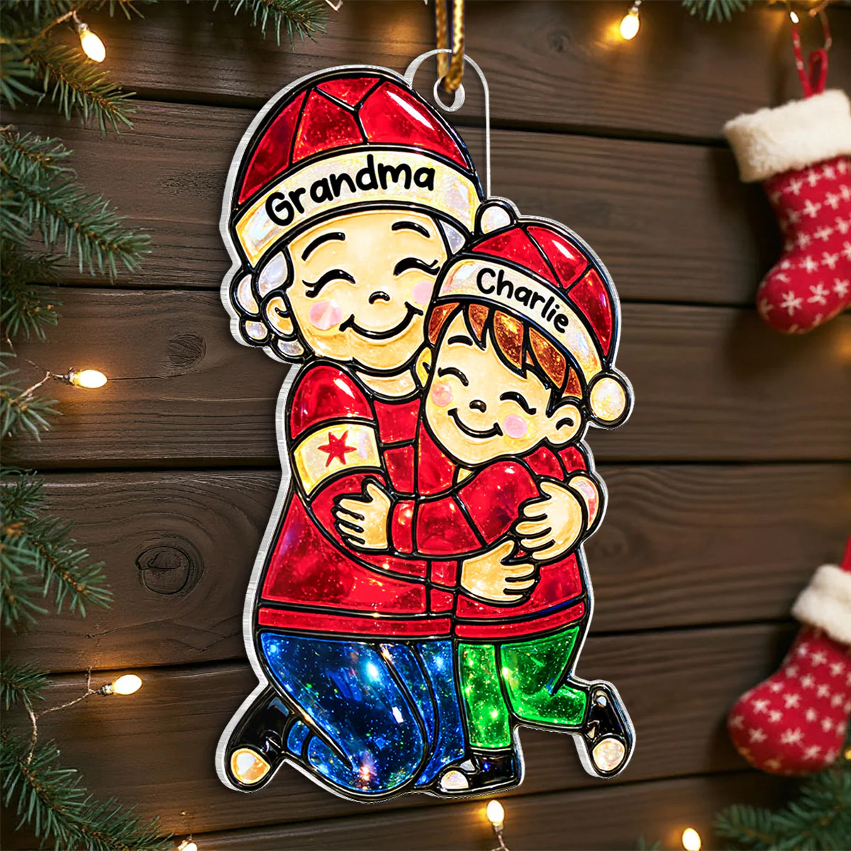 Grandma Hugging Grandkids Stained Glass Pattern - Personalized Acrylic Ornament - Heartwarming Christmas Gift For Grandma, Granddaughter, Grandson - Image 7