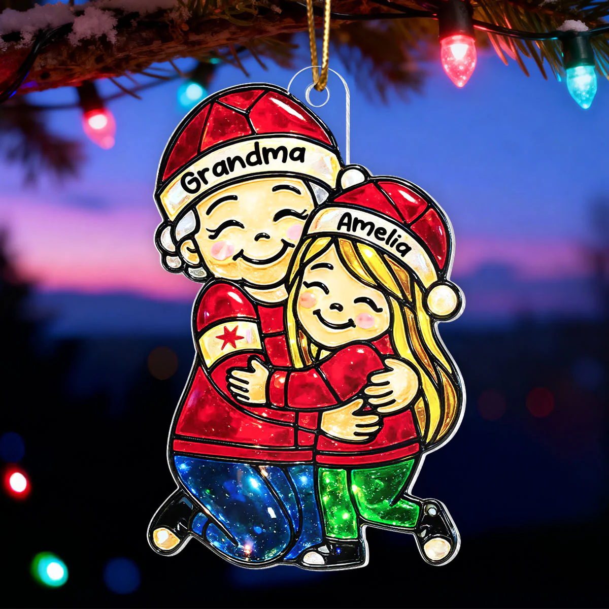 Grandma Hugging Grandkids Stained Glass Pattern - Personalized Acrylic Ornament - Heartwarming Christmas Gift For Grandma, Granddaughter, Grandson - Image 8