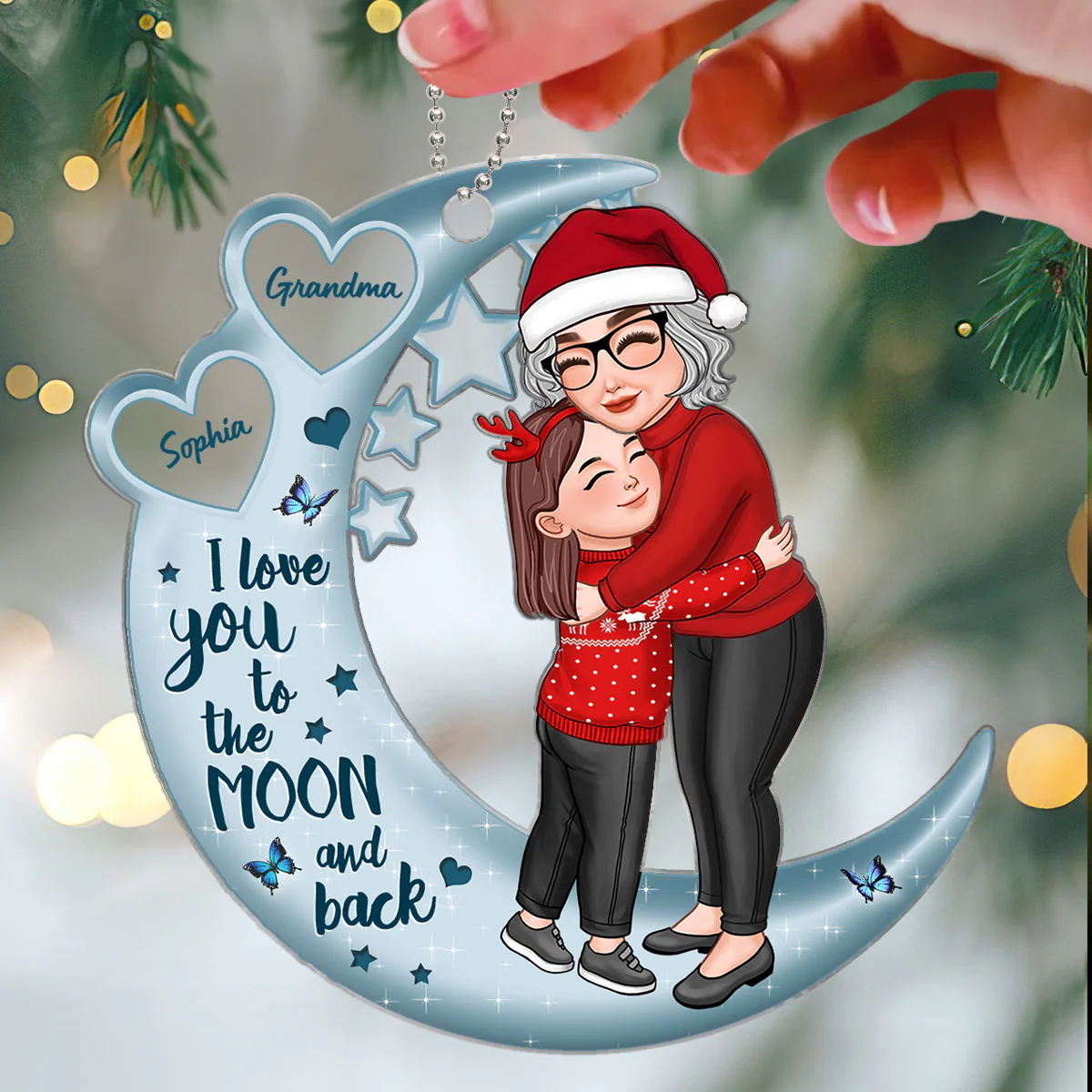 Grandma Hugging Grandson Granddaughter On Moon Hearts Personalized Acrylic Ornament - Image 3