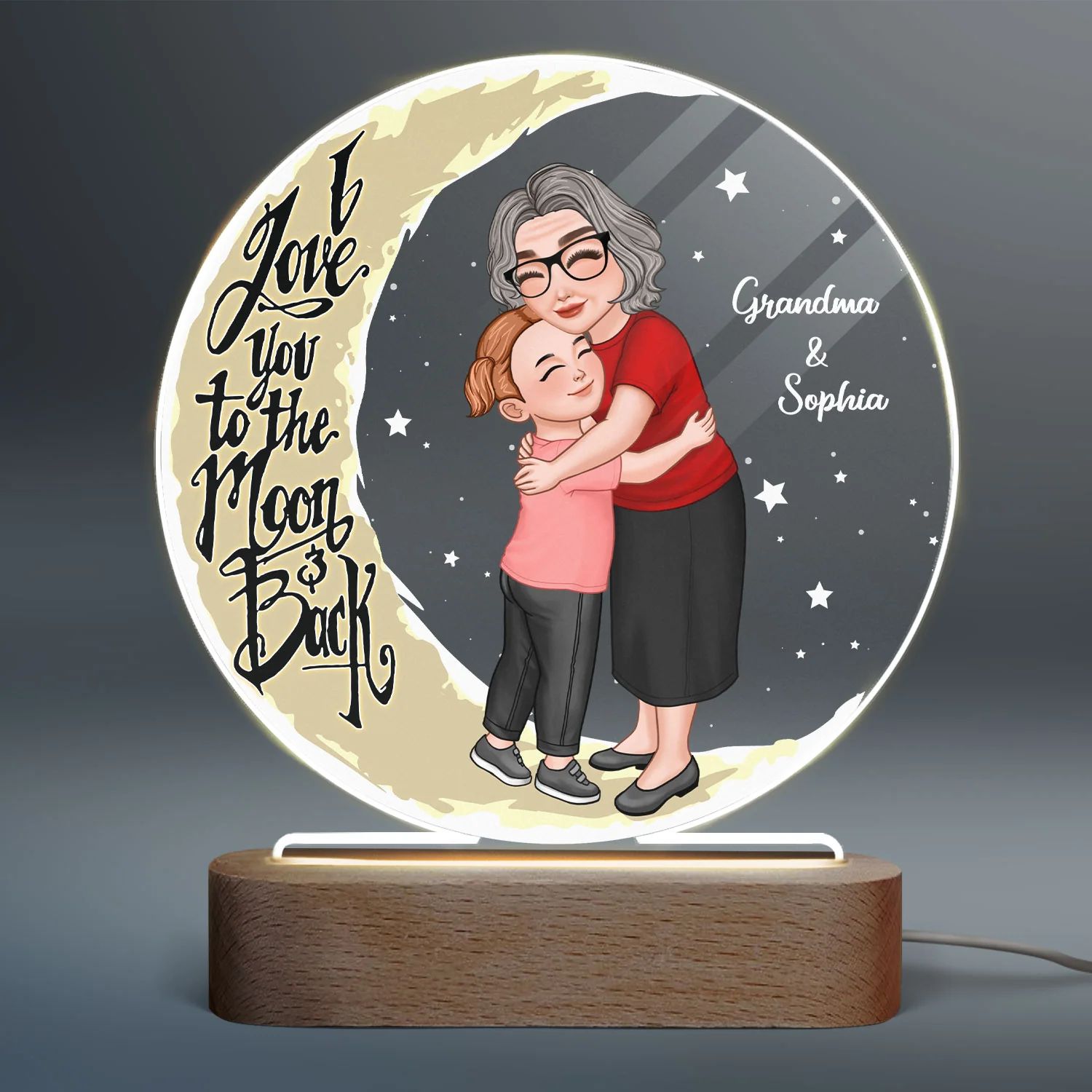 Grandma Hugging Grandkid Love You To The Moon And Back Personalized Acrylic LED Night Light, Gift For Grandma, Granddaughter, Grandson - Image 2