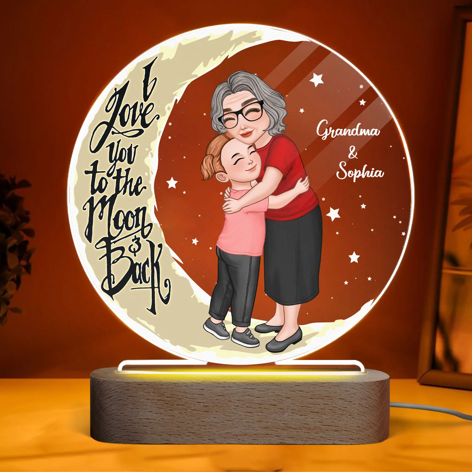Grandma Hugging Grandkid Love You To The Moon And Back Personalized Acrylic LED Night Light, Gift For Grandma, Granddaughter, Grandson - Image 3
