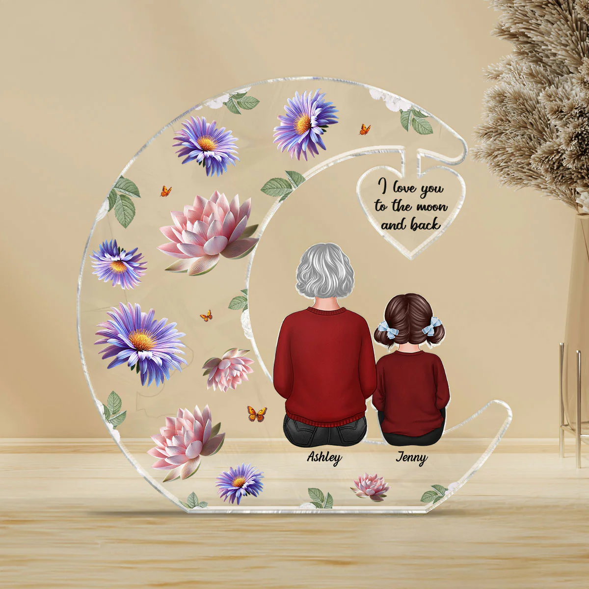 Grandma I Love You to the Moon and Back, Birth Month Flowers Personalized Acrylic Plaque