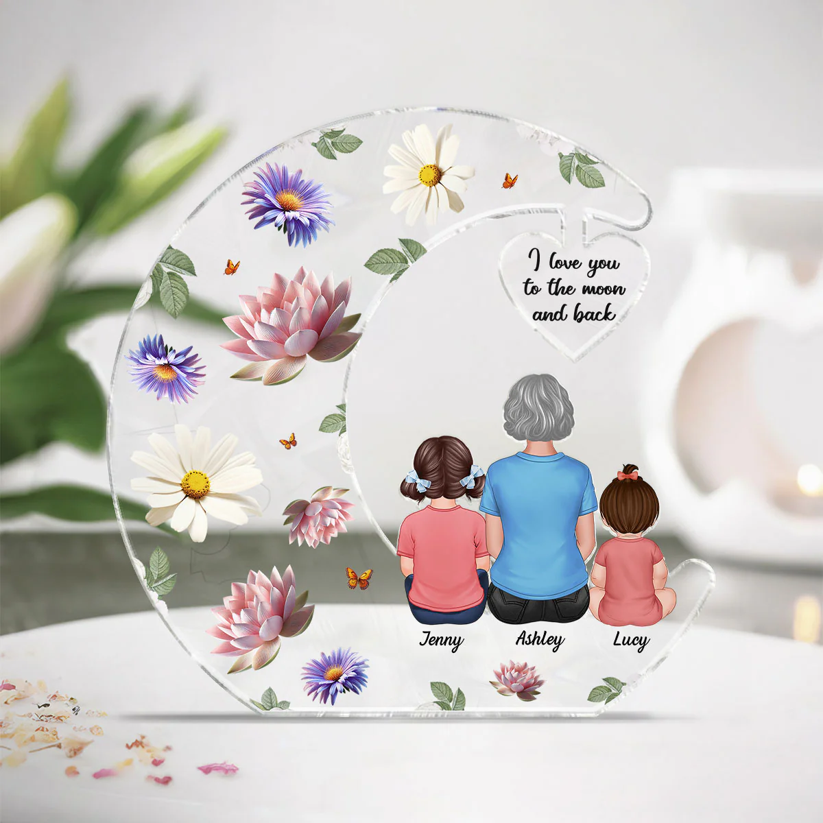 Grandma I Love You to the Moon and Back, Birth Month Flowers Personalized Acrylic Plaque - Image 2