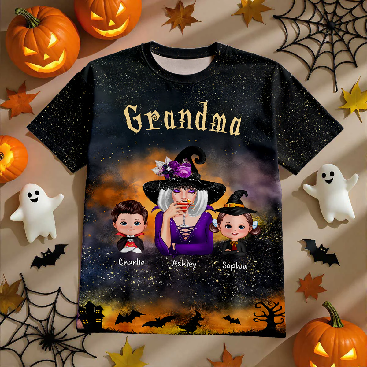 Grandma & Kids Witchy Ombre Tie-Dye Pattern Personalized Shirt Perfect Halloween Costume For Grandma - Image 3