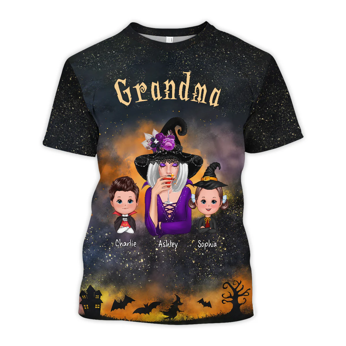 Grandma & Kids Witchy Ombre Tie-Dye Pattern Personalized Shirt Perfect Halloween Costume For Grandma - Image 4