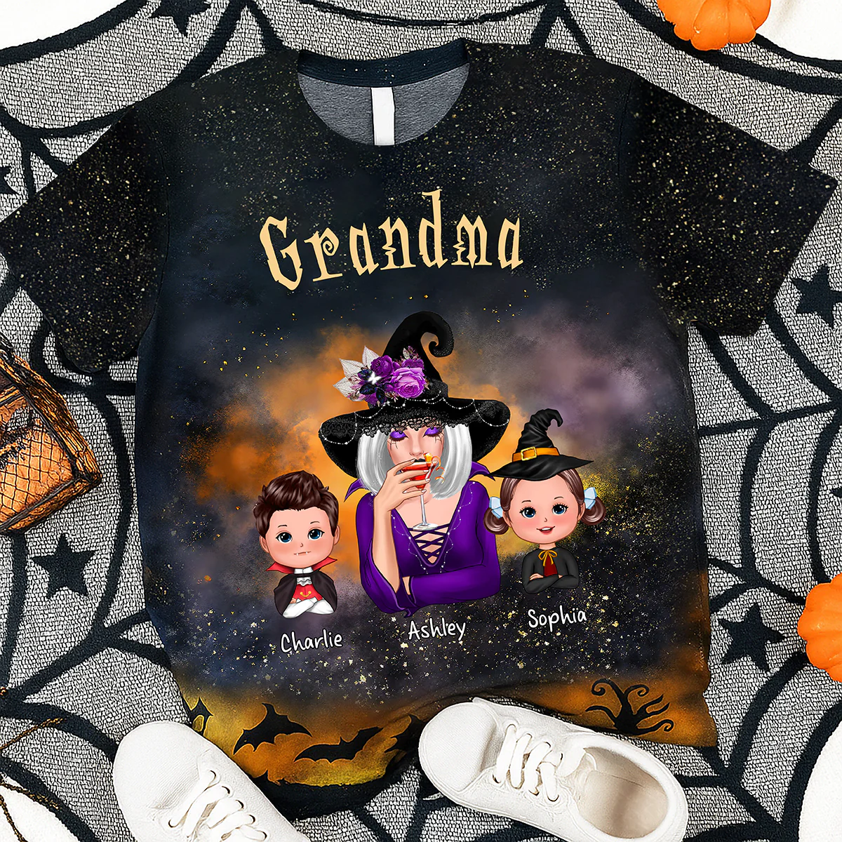Grandma & Kids Witchy Ombre Tie-Dye Pattern Personalized Shirt Perfect Halloween Costume For Grandma - Image 7