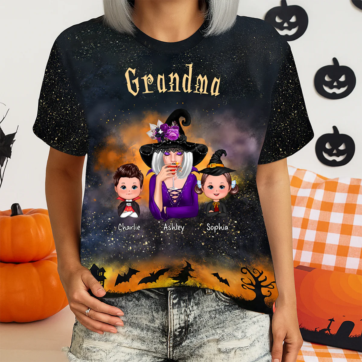 Grandma & Kids Witchy Ombre Tie-Dye Pattern Personalized Shirt Perfect Halloween Costume For Grandma - Image 8
