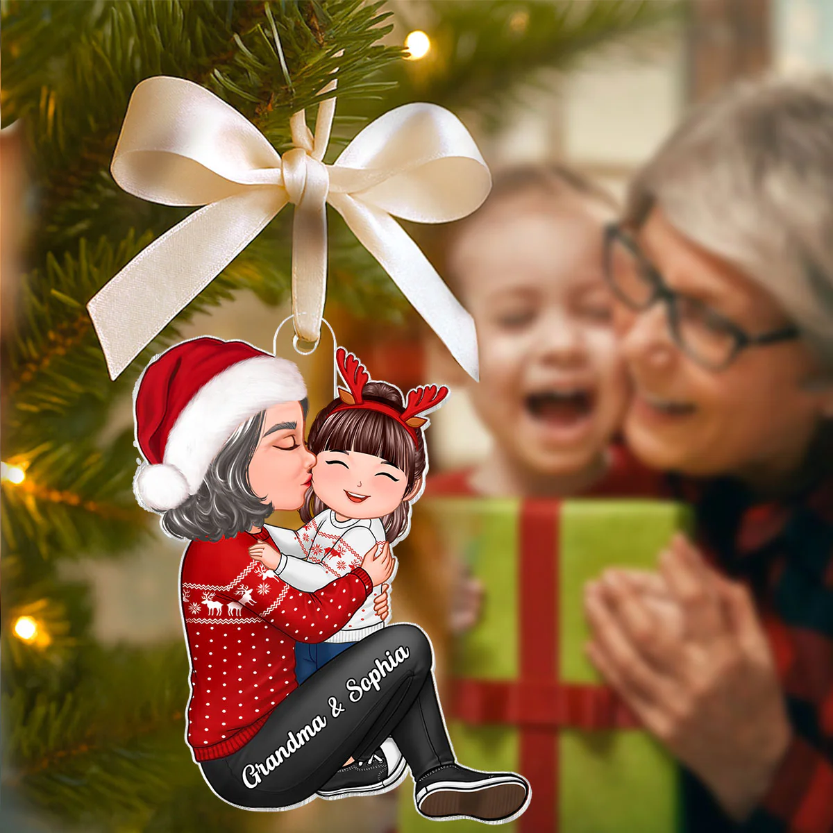 Christmas Grandma Kissing Grandkid - Personalized Acrylic Ornament - Heartwarming Gift For Granddaughter Grandson - Image 4