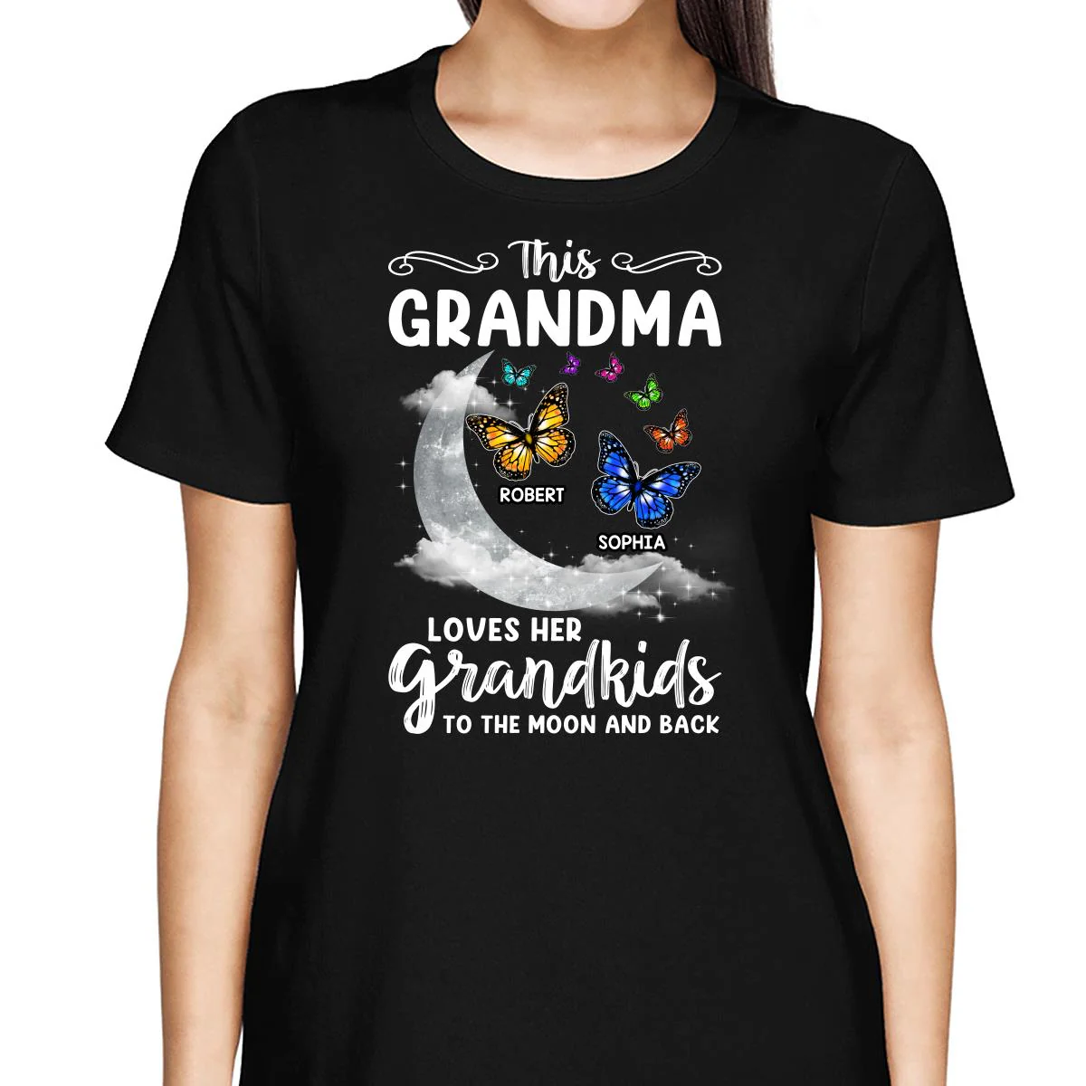 Grandma Loves Grandkids Moon And Back Butterflies Personalized Shirt - Image 2