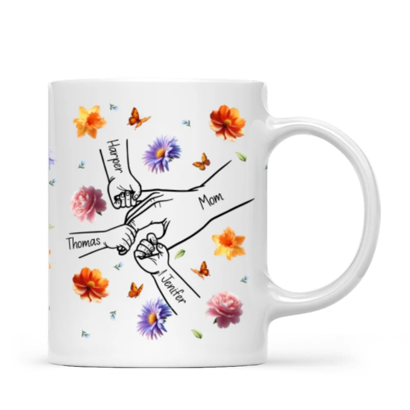 Grandma Mom 3D Effect Birth Flower Kids Holding Hand Outline Personalized Mug - Image 10
