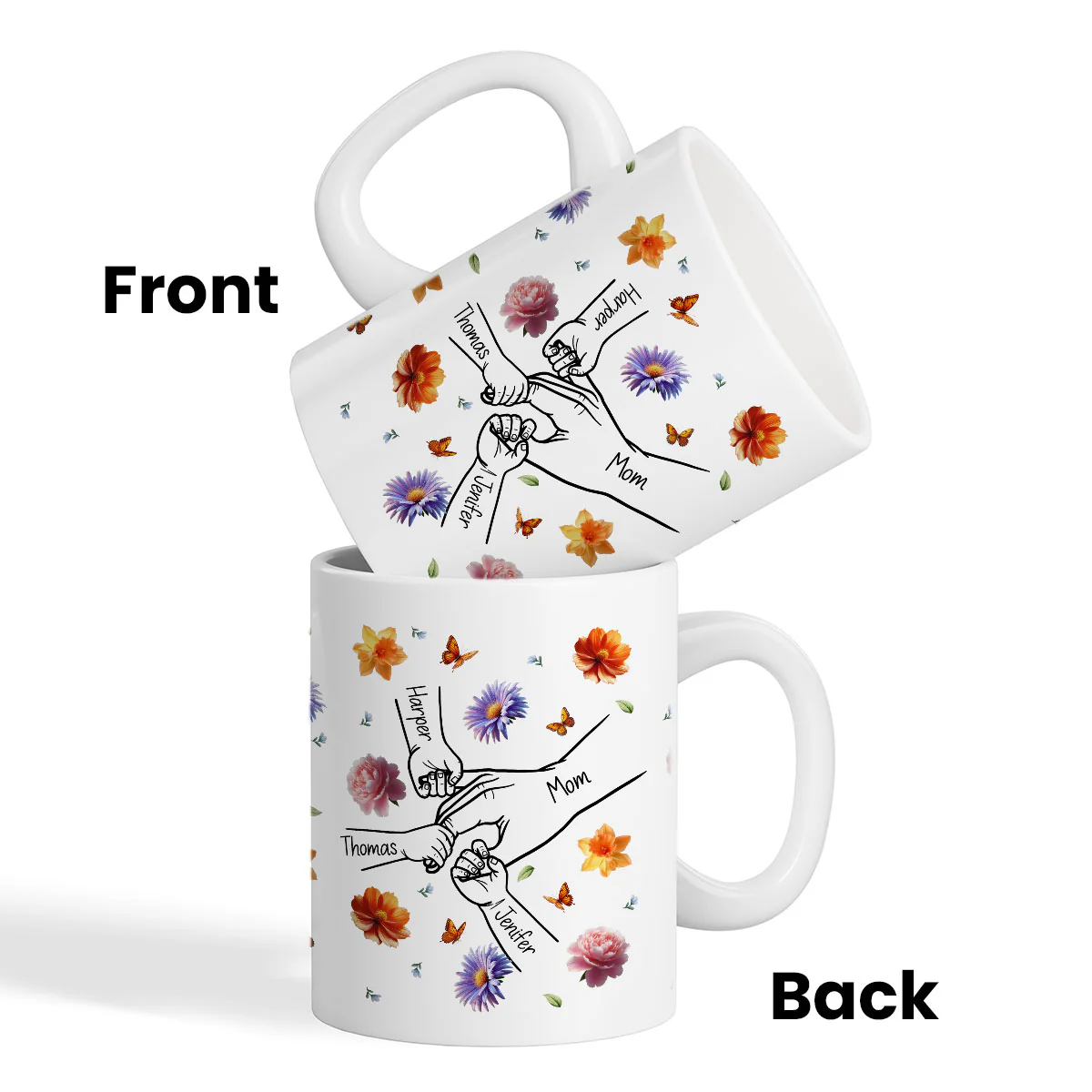 Grandma Mom 3D Effect Birth Flower Kids Holding Hand Outline Personalized Mug - Image 3