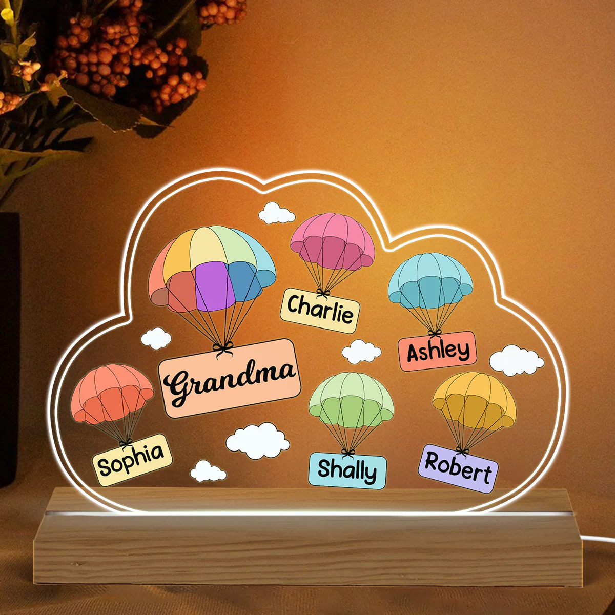Grandma Mom Air Balloon Cloud Personalized Acrylic Custom Shape LED Night Light - Image 2