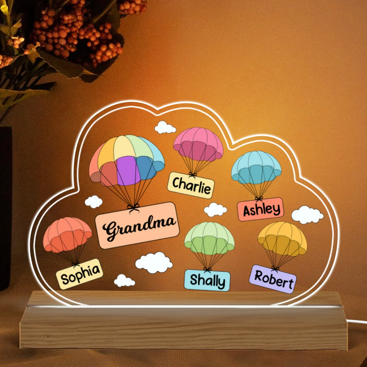 Grandma Mom Air Balloon Cloud Personalized Acrylic Custom Shape LED Night Light - Image 5