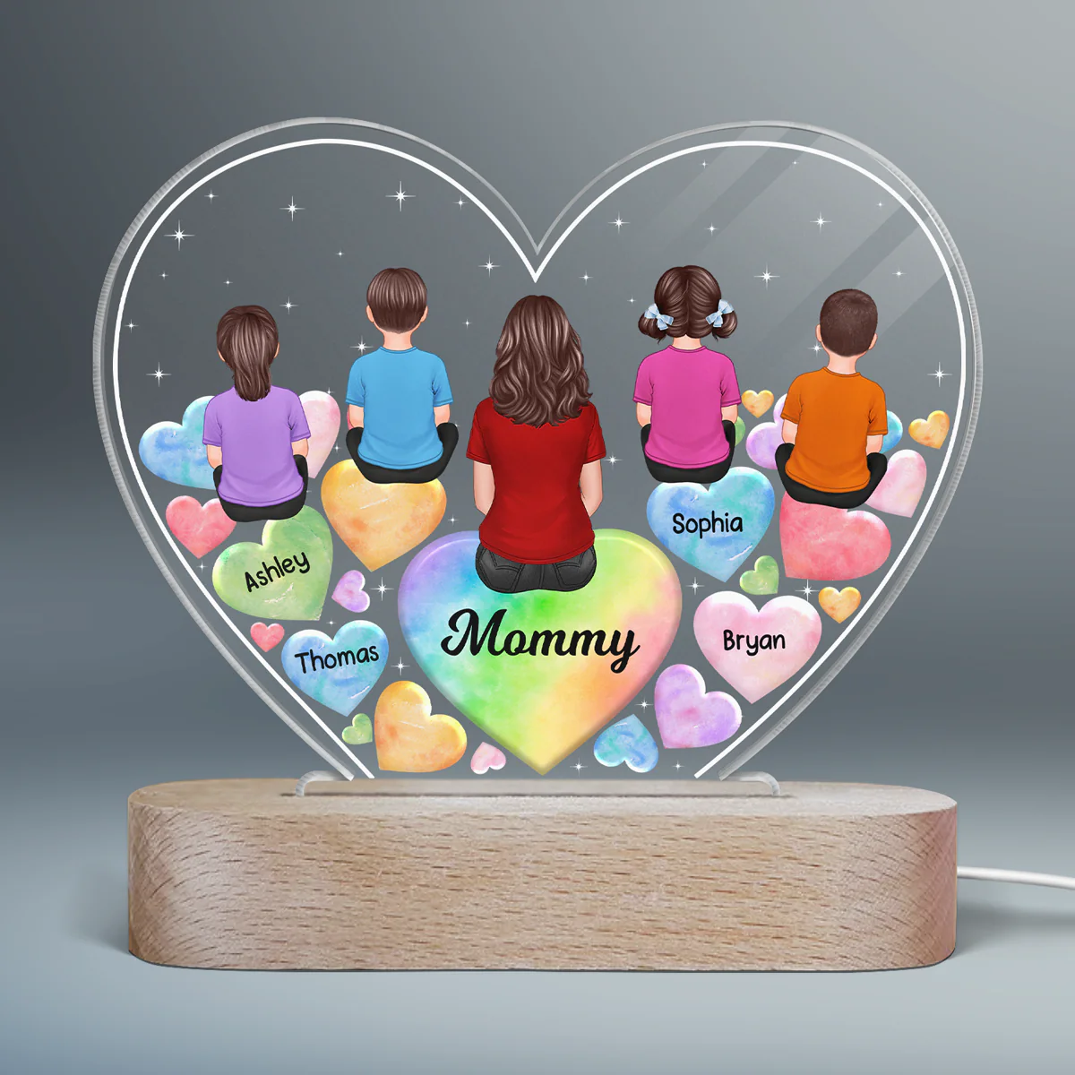 Grandma Mom And Kids Sitting Back View Hearts In Heart Personalized Acrylic Heart LED Night Light - Image 2